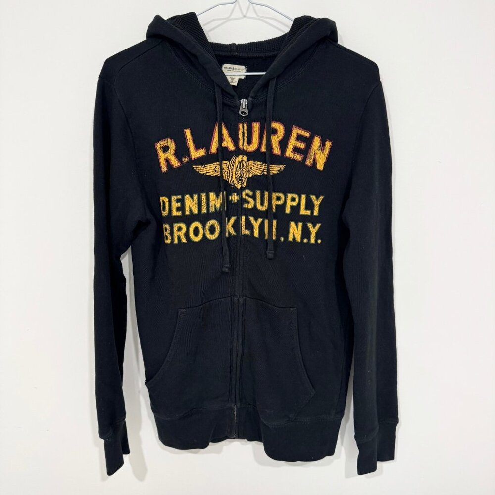 Ralph Lauren Denim & Supply Brooklyn NY Spell Out Logo Hoodie Size S Black